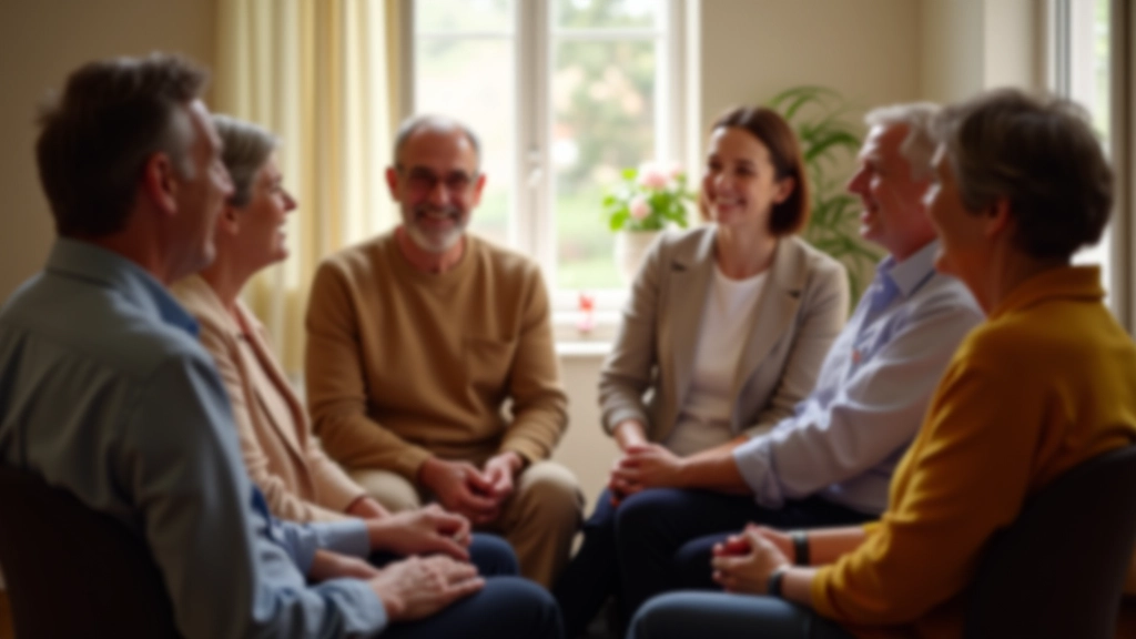 Community group of adults in supportive gathering, engaged and connected in shared space