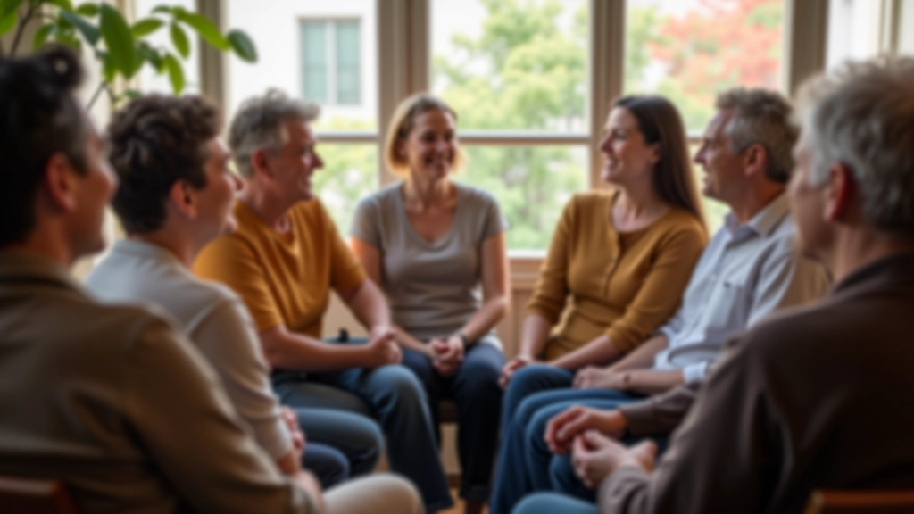 Support group circle of diverse adults sitting together in engaged conversation, warm and supportive atmosphere in comfortable setting