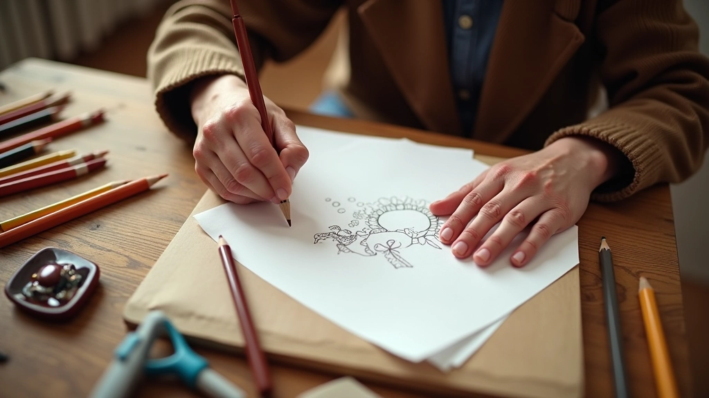 Person engaged in creative activity with art supplies on wooden table, hands focused on creative work