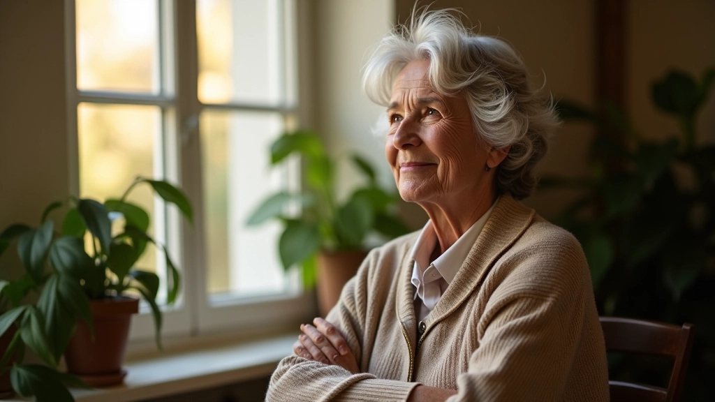 Woman in her 50s sitting by a window with morning light, looking thoughtful and peaceful, comfortable home setting