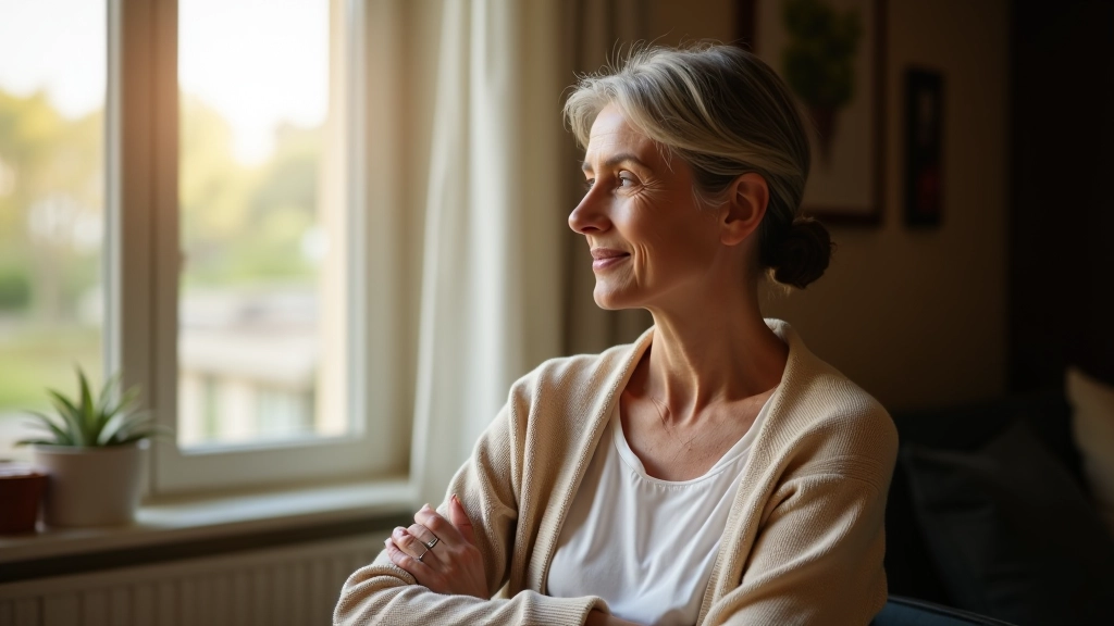 Woman in her 50s sitting peacefully by a window with warm morning light, looking contemplative and at ease in a comfortable home environment